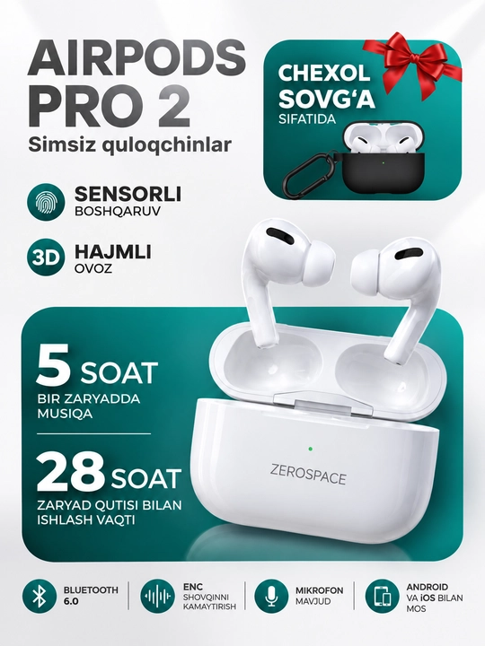 Беспроводные наушники,Bluetooth 6.0,ENC,сенсорное управление,Pods Pro 2,наушники - 