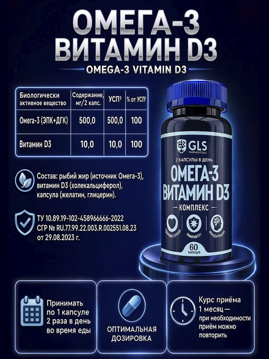 GLS Омега-3 + Витамин D3 700 мг, EPA, DHA, для иммунитета и концентрации, 60 капсул