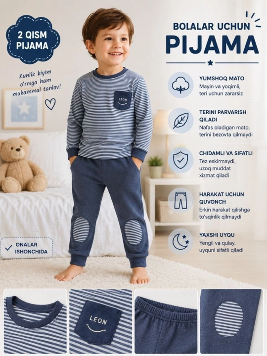 O‘g‘il bolalar va bolalar uchun pijama, bolalar pijamasi va uy kiyimi, 100% paxta