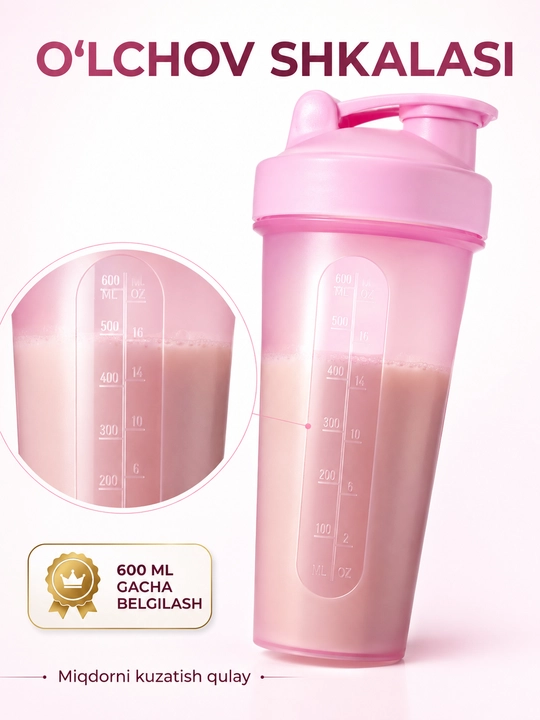 Sport shaker metall mixer bilan, shaffof korpusli, protein va ichimliklar uchun