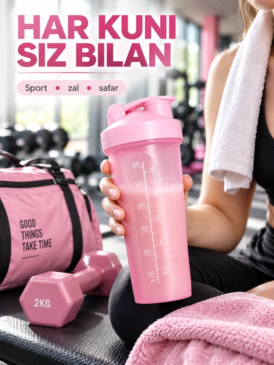 Sport shaker metall mixer bilan, shaffof korpusli, protein va ichimliklar uchun