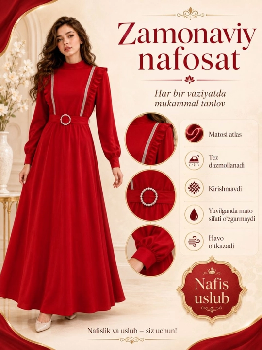 Ayollar uchun uzun  ko'ylak, Swarovski bezakli, rasklyosh, uzun yengli nafis libos - 