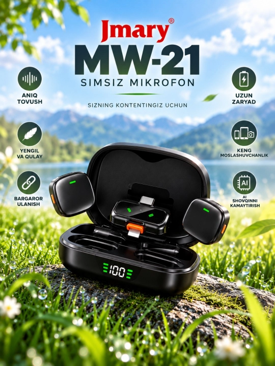 Jmary MW-19 simsiz mikrofon, 2 ta mikrofon, video, vlog va intervyular uchun shovqinni kamaytirish tizimi