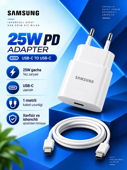 Samsung 25W PD zaryadlovchi adapter, USB Type-C, Type-C–Type-C 3A kabel bilan