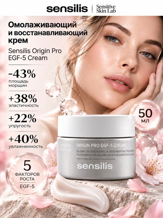 Омолаживающий крем для лица Sensilis Origin Pro EGF-5 от морщин, 50 мл - 