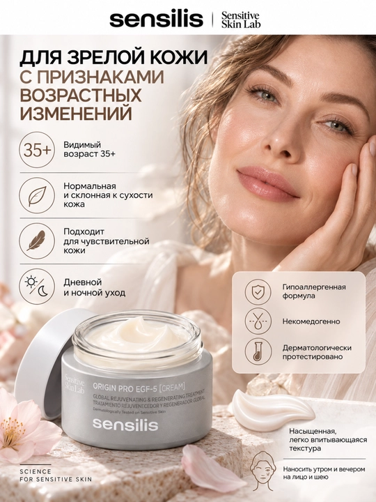Sensilis Origin Pro EGF-5 ajinlarga qarshi yoshartiruvchi yuz kremi, 50 ml