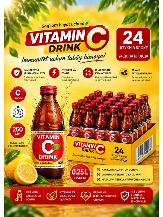 Витаминный напиток Riksamin Vitamin C с сахаром, 0,25 л, 24 шт - 