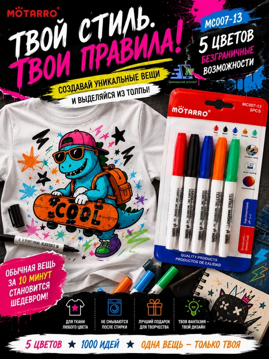 Маркеры для ткани текстильные MÖTARRO, 5 цветов, 2–3 мм, набор для рисования