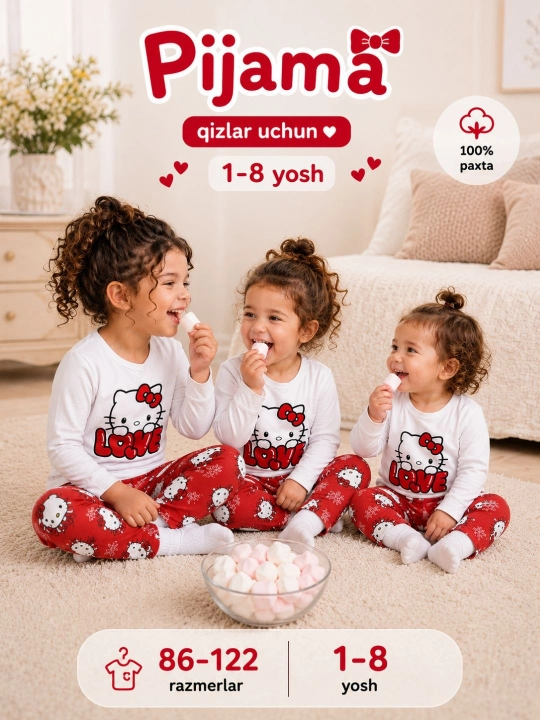 1-8 yoshli bolalar uchun uzun yengli yumshoq pijama