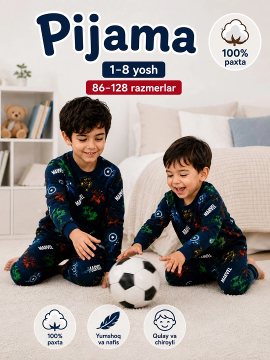 1-8 yoshli bolalar uchun uzun yengli yumshoq pijama
