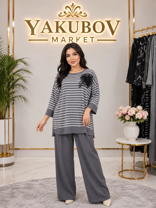 Ayollar uchun zamonaviy ikki qismli kostyum, keng shim va chiziqli kofta - 