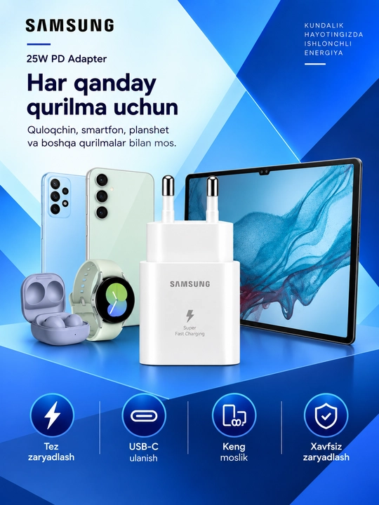Samsung 25W PD zaryadlovchi adapter, USB Type-C, Type-C–Type-C 3A kabel bilan