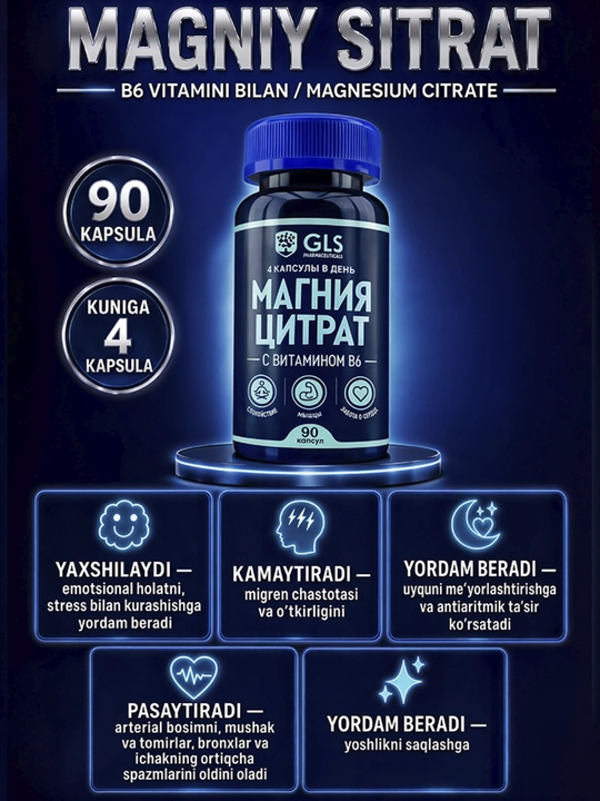 GLS Magniy Sitrat + Vitamin B6 500 mg, Magniy B6 asab tizimi va mushaklar uchun 90 kapsula