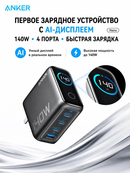 Сетевое зарядное устройство Anker 140 Вт, 4 порта USB-C и USB-A, быстрая зарядка - 