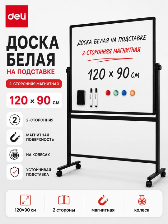 Deli 7882 g'ildirakli doska, 2 tomonlama magnit-markertli, 90x120 sm - 