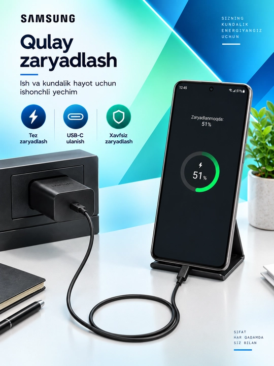 Samsung 25W PD zaryadlovchi adapter, USB Type-C, Type-C–Type-C 3A kabel bilan