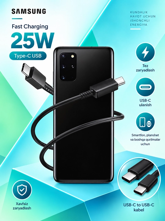 Samsung 25W PD zaryadlovchi adapter, USB Type-C, Type-C–Type-C 3A kabel bilan