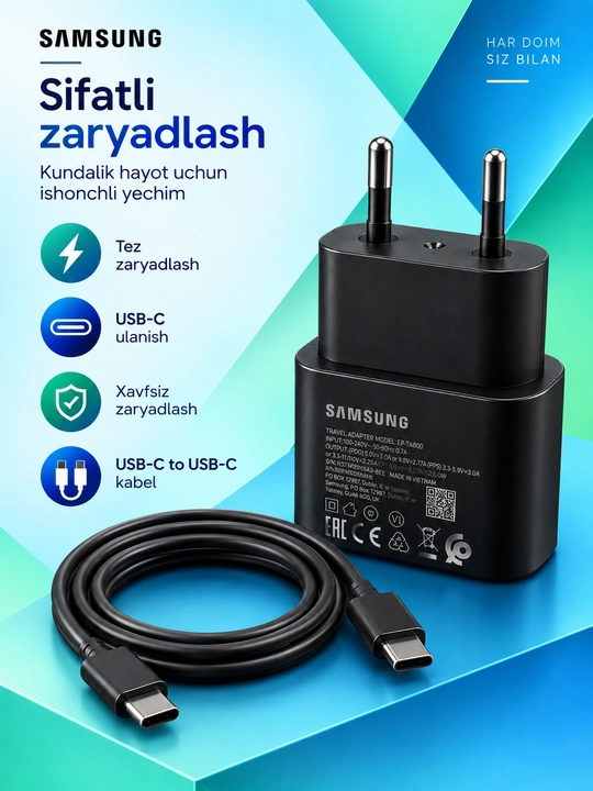 Samsung 25W PD zaryadlovchi adapter, USB Type-C, Type-C–Type-C 3A kabel bilan