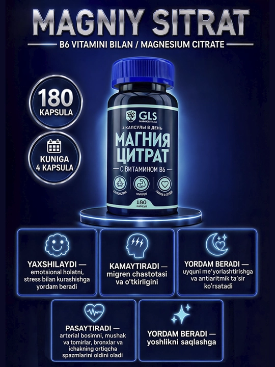 GLS Magniy Sitrat + Vitamin B6 500 mg Magniy B6 asab tizimi va mushaklar uchun 180 kapsula