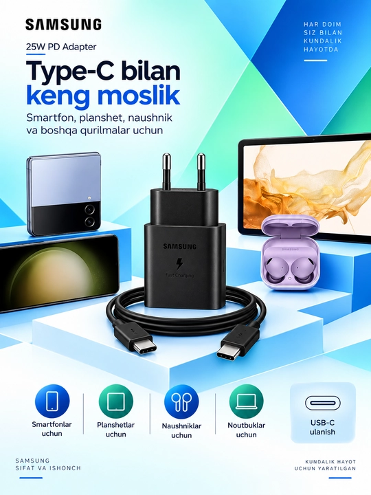 Samsung 25W PD zaryadlovchi adapter, USB Type-C, Type-C–Type-C 3A kabel bilan