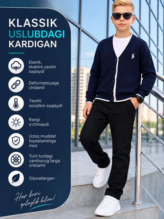 O`g`il bolalar va qiz bolalar uchun V yoqali trikotaj kardigan, tugmali maktab sviteri - 
