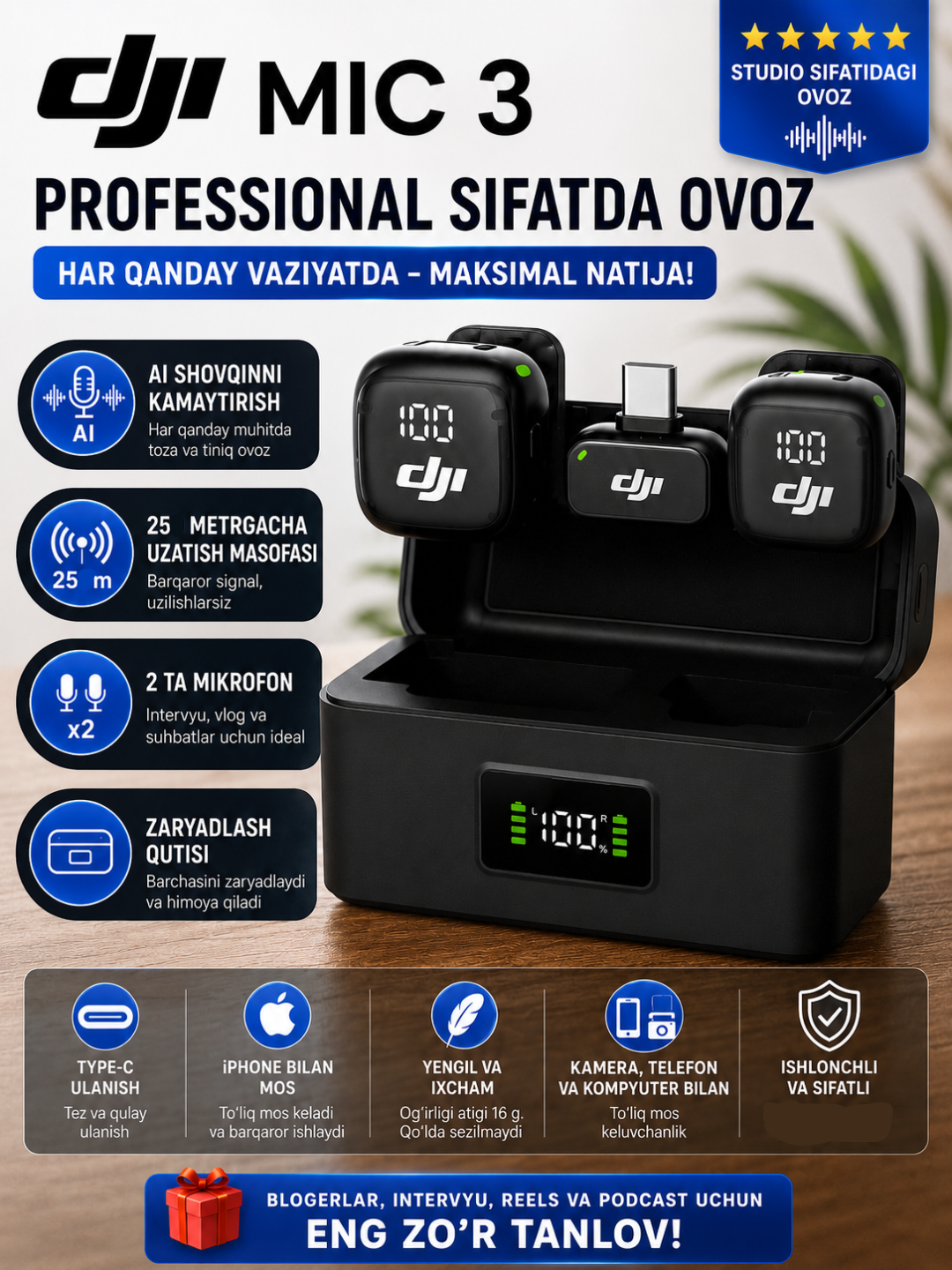 Simsiz Mikrofon 2TX+1RX, Type-C va Lightning Adapter, Shovqinni Kamaytirish - 