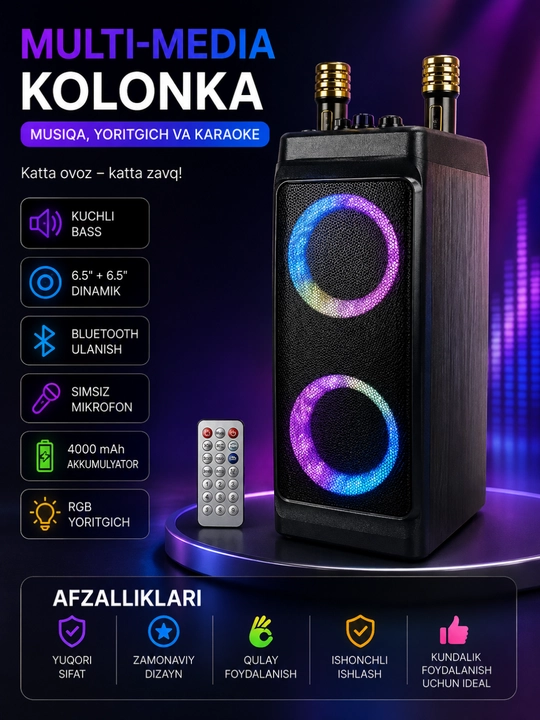 Bluetooth караоке-колонка 3000W с RGB LED, двумя беспроводными микрофонами и пультом - 