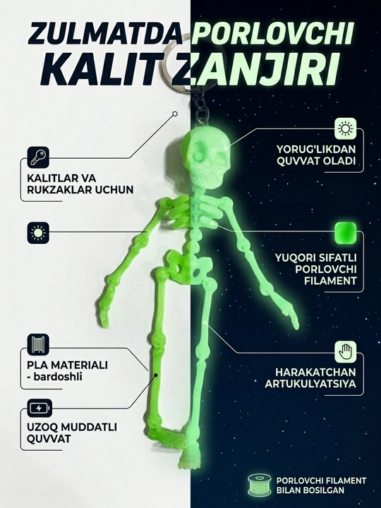 Qorong‘ida yonadigan skelet brelok, harakatlanuvchi brelok - 