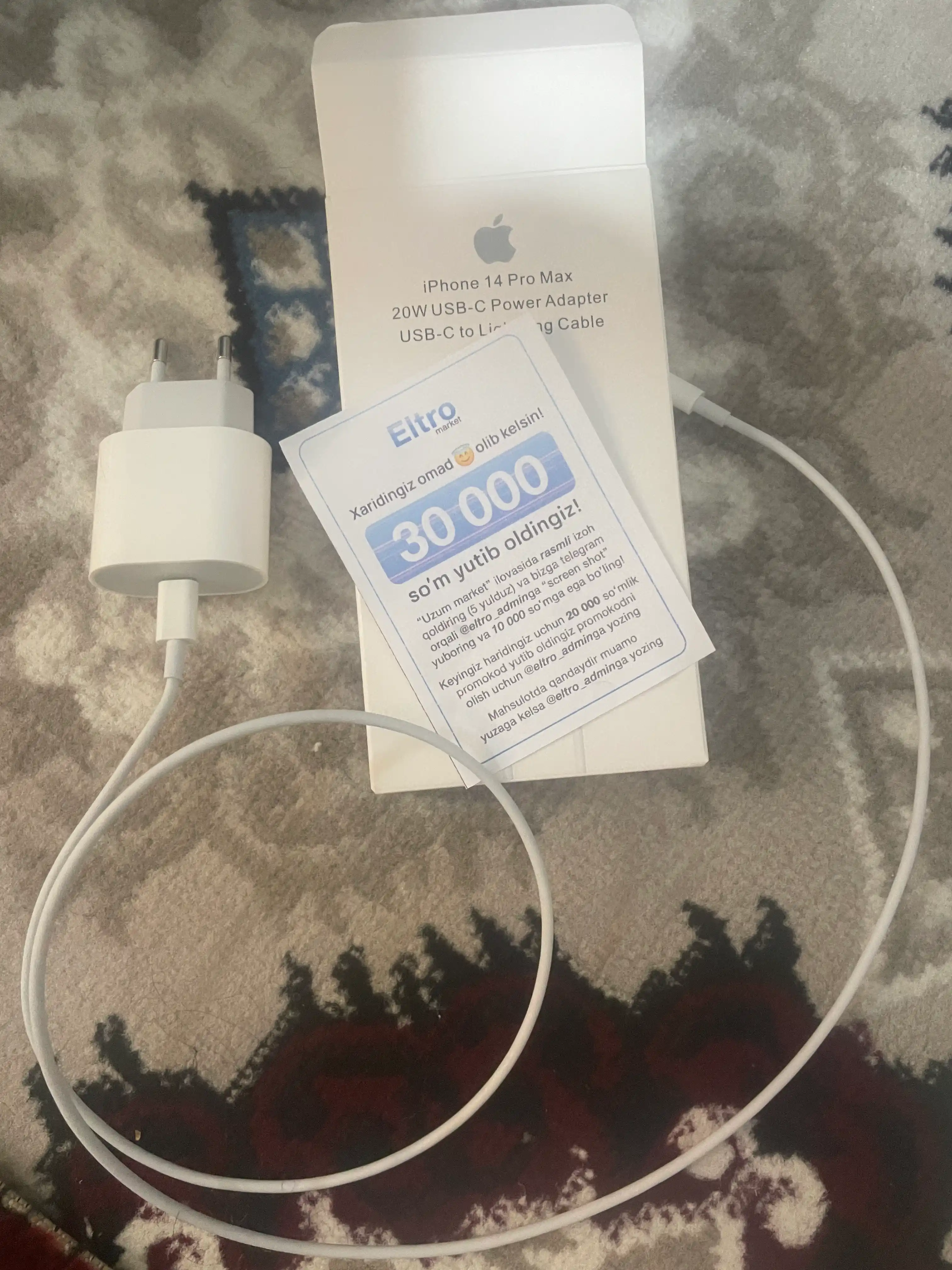 IPhone uchun zaryadlash qurilmasi, tez zaryadlovchi 20 Vt, Type-Cdan Lightning kabel bilan