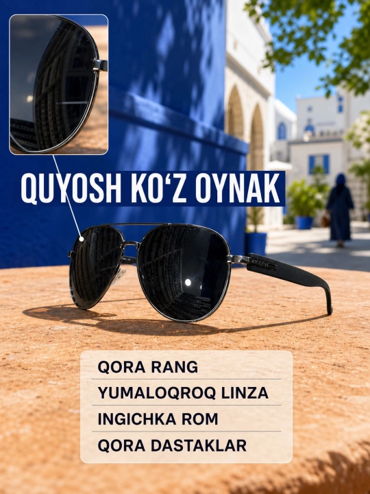 Klassik qora aviator quyosh koʻzoynagi. Ingichka rom va premium uslub - 