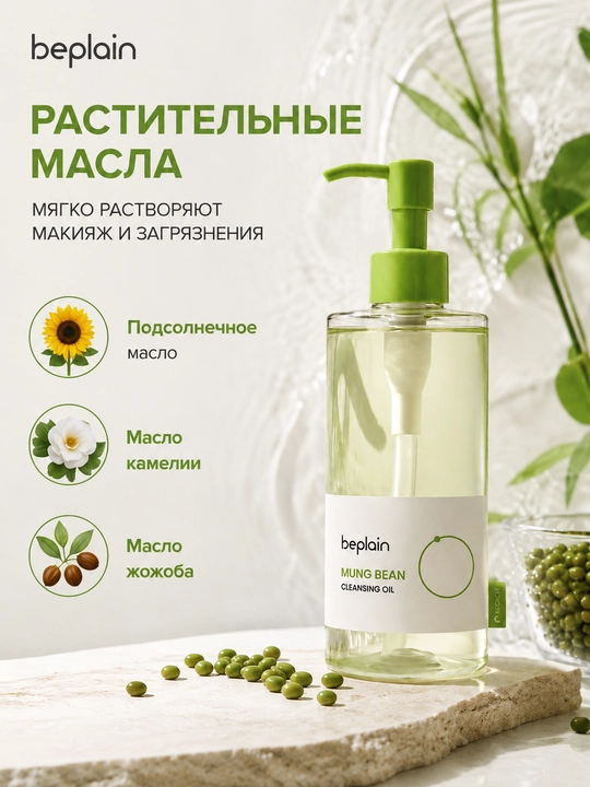 Beplain Mung Bean gidrofil moyi 200 ml, makiyaj va SPF tozalash, yuz teshiklarini tozalash