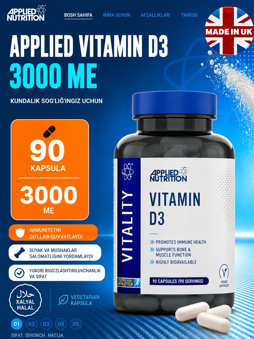 Applied Nutrition Vitamin D3 3000 IU, D3, 90 kapsula - 