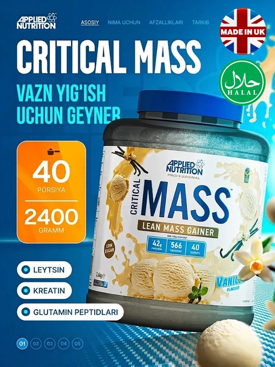 Applied Nutrition Critical Mass, Lean Mass Gainer, Geyner, 2.4 kg, 40 porsiya - 