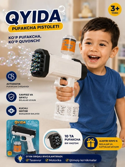 Bolalar uchun pufak pistoleti, sovun pufagi, avtomatik bubble gun, musiqali o‘yinchoq - 