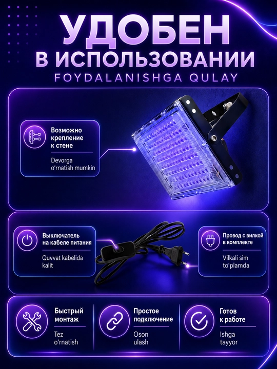 Ultrabinafsha LED proyektor, UV lampa, UV yoritgich, 50/100 Vt, 395–400 nm