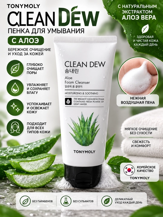 Пенка для умывания TONYMOLY Clean Dew Foam Cleanser, Aloe / Red Grapefruit - 