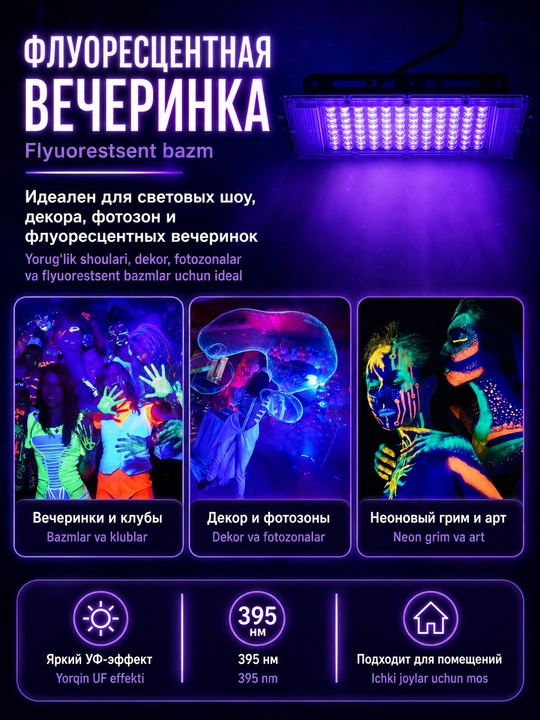 Ultrabinafsha LED proyektor, UV lampa, UV yoritgich, 50/100 Vt, 395–400 nm