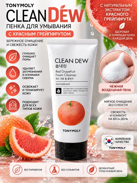 Пенка для умывания TONYMOLY Clean Dew Foam Cleanser, Aloe / Red Grapefruit - 