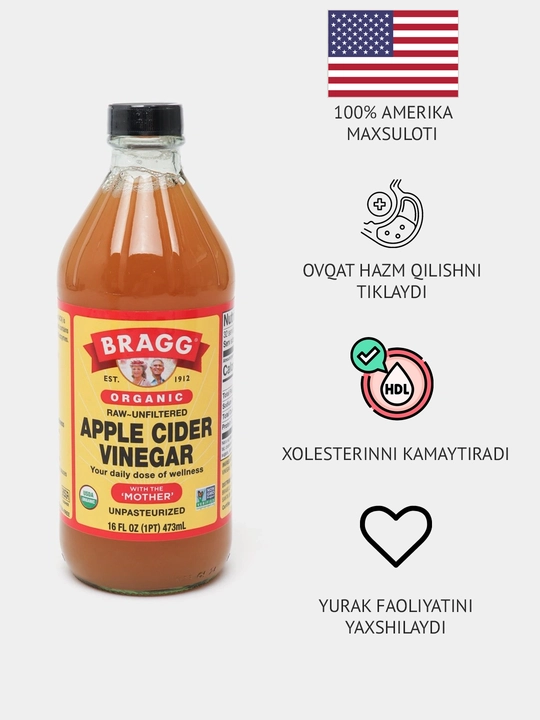 Bragg organik olma sirkasi, sirka bachadoni bilan, filtrlanmagan, 473 ml - 