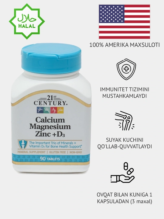 Vitaminlar 21st Century, kaltsiy, magniy, sink va D3 vitamini, 90 tabletkalar - 