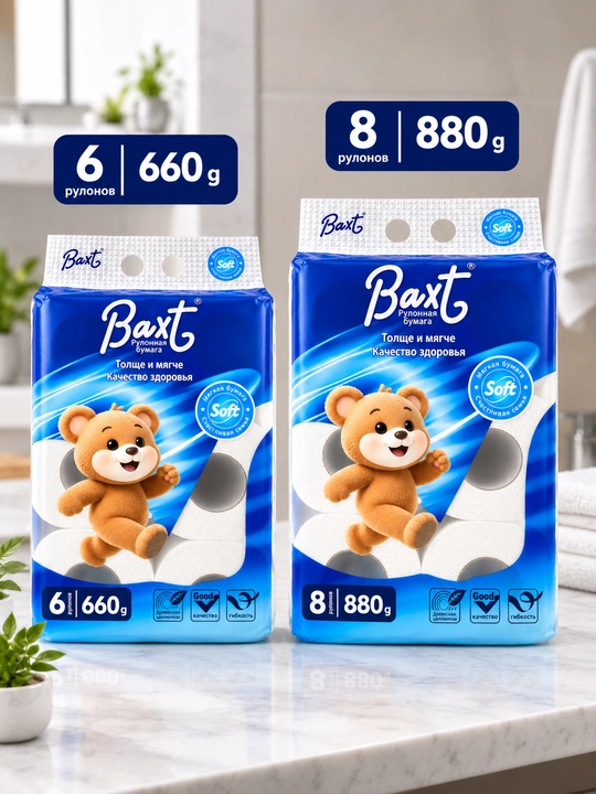 Туалетная бумага Baxt, 5 слоёв, 6 или 8 рулонов, 660/880 г, рулонная бумага
