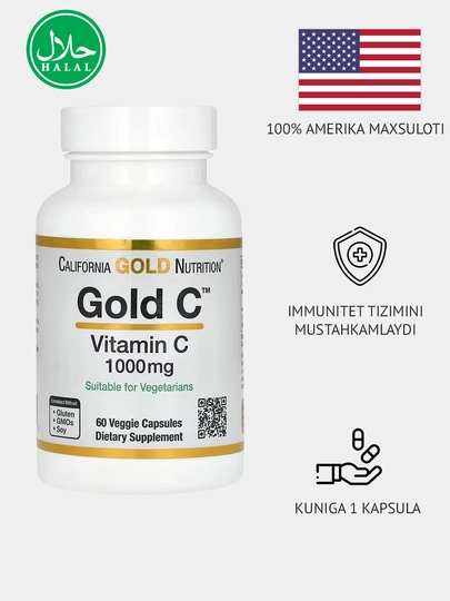 Витамин С California Gold Nutrition Gold C, 1000 мг, 60 капсул - 