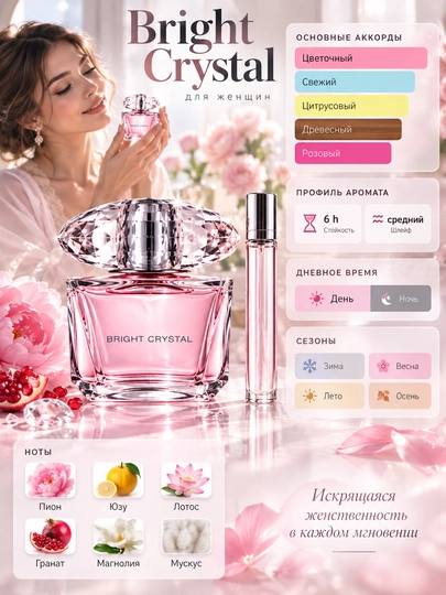 Atir Bright Crystal ayollar uchun, gulli mevali ayollar atiri