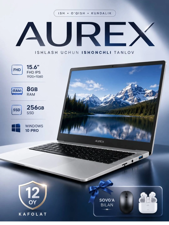 Noutbuk AUREX 15.6" FHD IPS, 8GB RAM, 512GB SSD, Windows 10