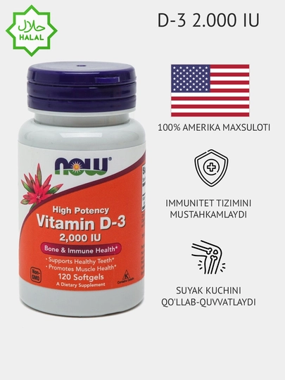 Vitaminlar D3 Now Foods, 2000 IU, 50 mkg, 120 kapsula - 