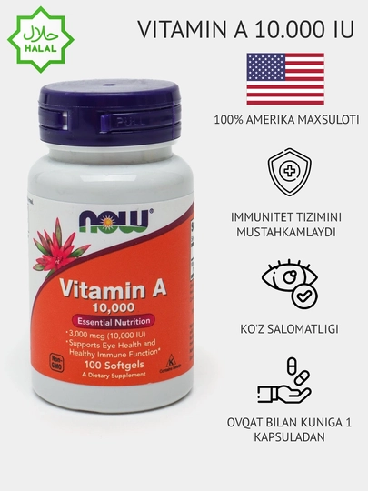 NOW Foods, A vitamini, 10000 IU, 100 yumshoq tabletka - 