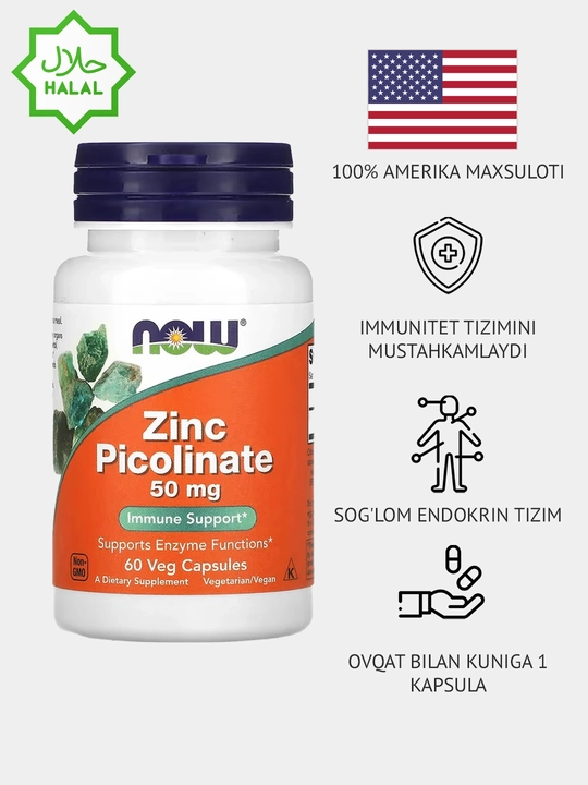 NOW Foods, Sink pikolinat, Zinc Picolinate, 50 mg, 60 vegetarian kapsulalari - 