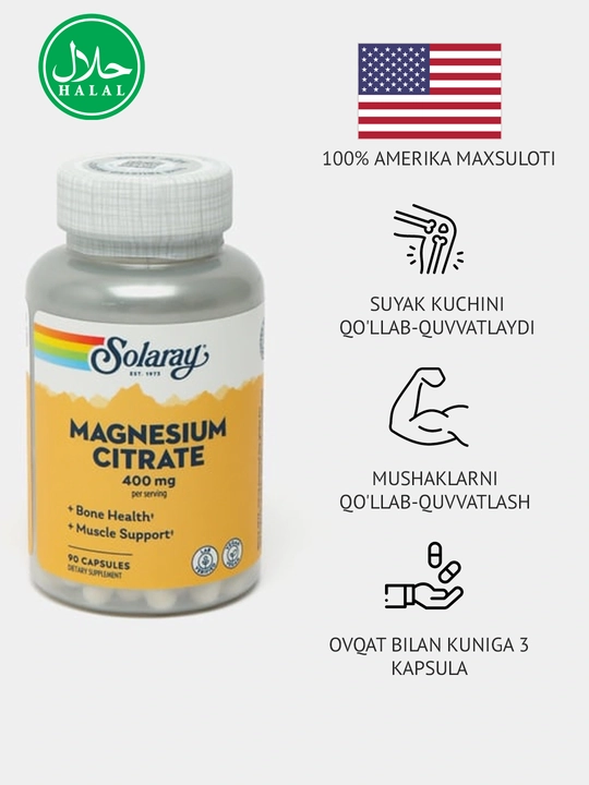 Magniy tsitrat Solaray Magnesium Citrate, 400 mg, 90 kapsula - 