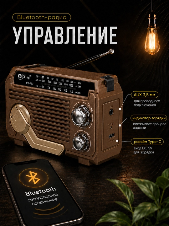 Type-C zaryadlanadigan fonarikli portativ Bluetooth radio qabul qilgich FM AM SW