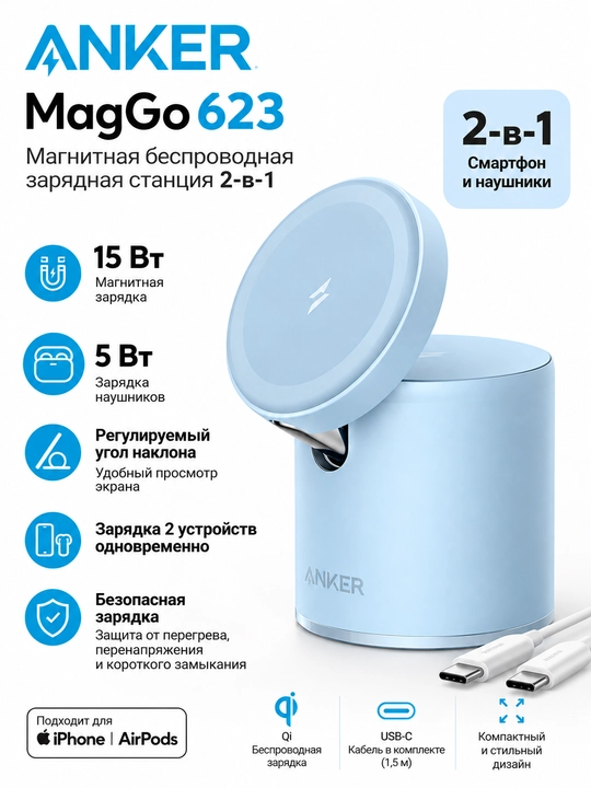 Anker MagGo A2544, беспроводная зарядная станция 2-в-1, магнитная, 15 Вт - 